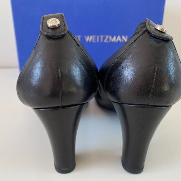 Stuart Weitzman | Black Elastic trim Leather |Pump Block Heels |Round Toe - Picture 6 of 13